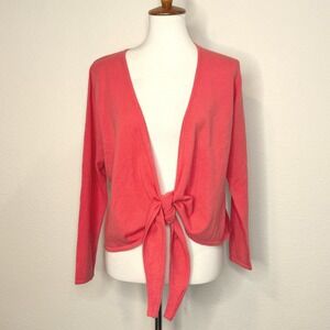 WOOLOVERS Tie Front Cardigan Sweater LG Merino Wool & Cashmere Coral Lightweight